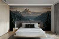 A wall mural of a peaceful mountain landscape with a river.

