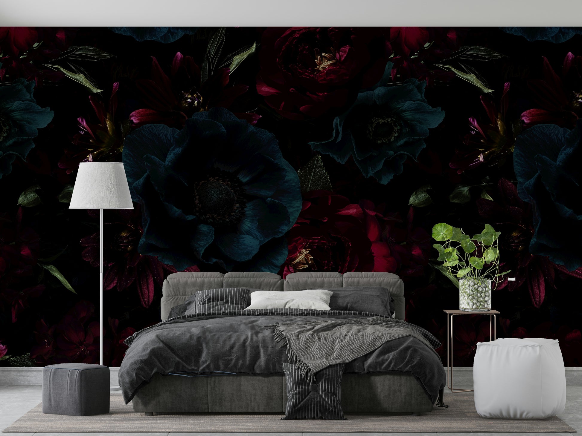 The colors are soft, muted tones of black, purple, and blue.

