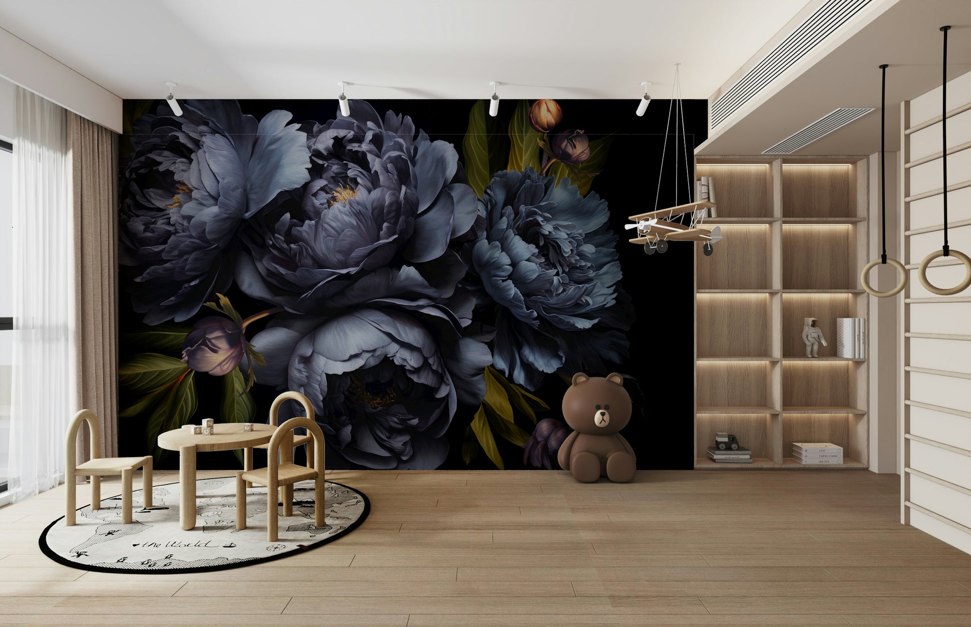 A wall mural of a floral botanical pattern.

