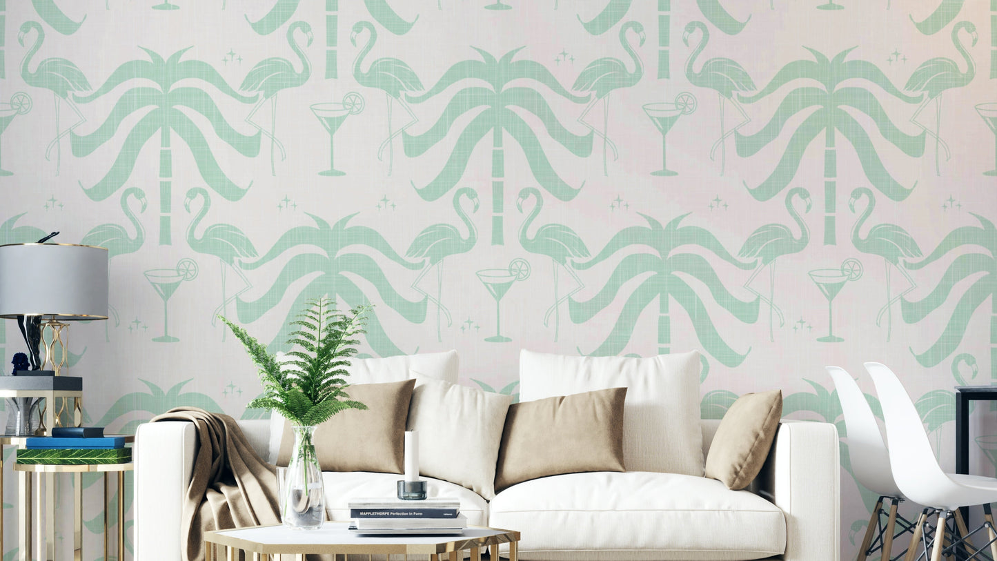 The palm trees and flamingos are a central focus of the image.

