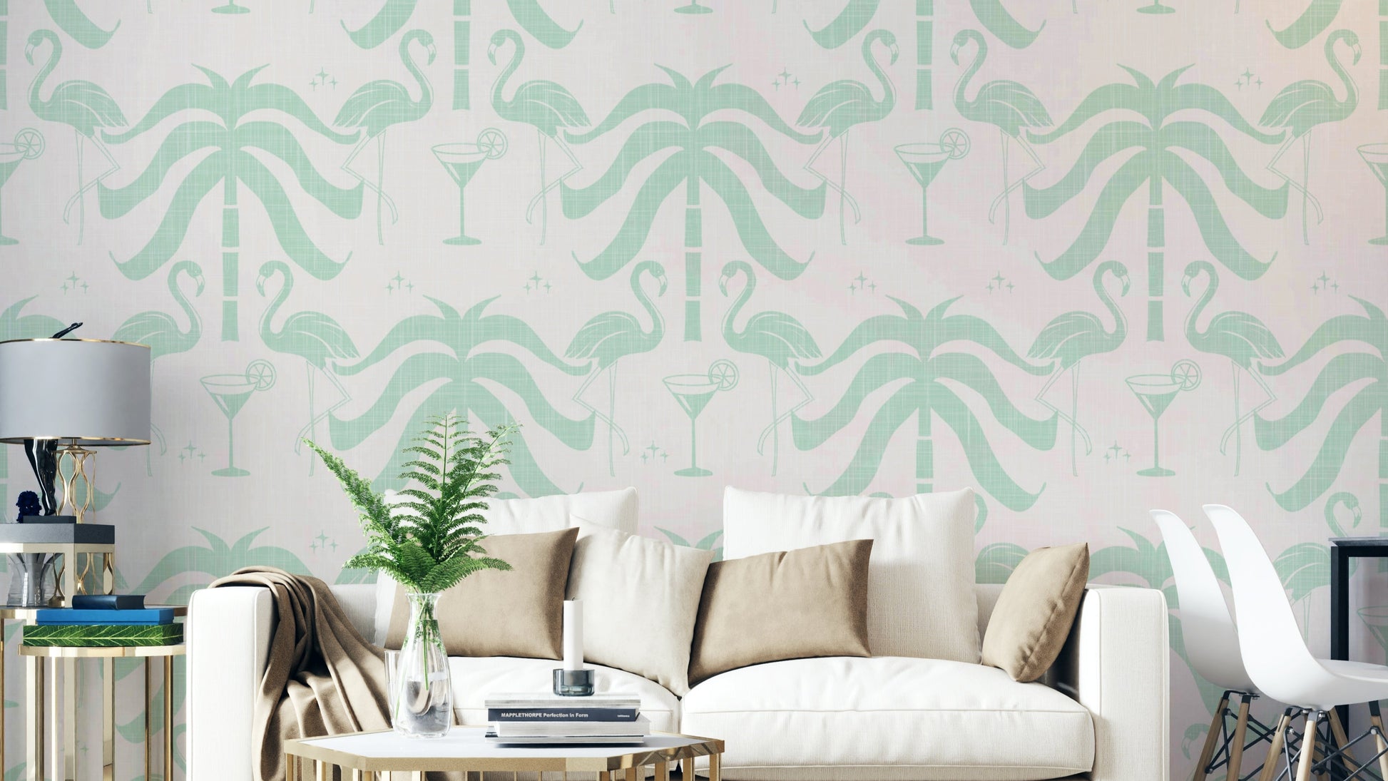 The palm trees and flamingos are a central focus of the image.

