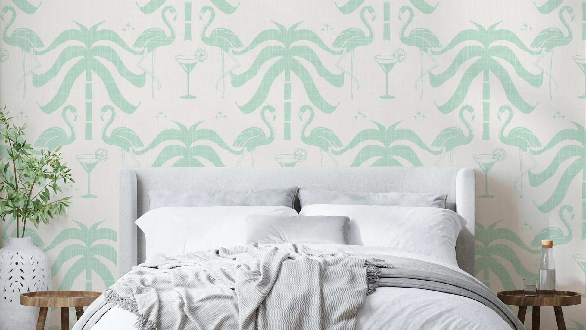 The colors are soft, muted tones of beige and aqua green.

