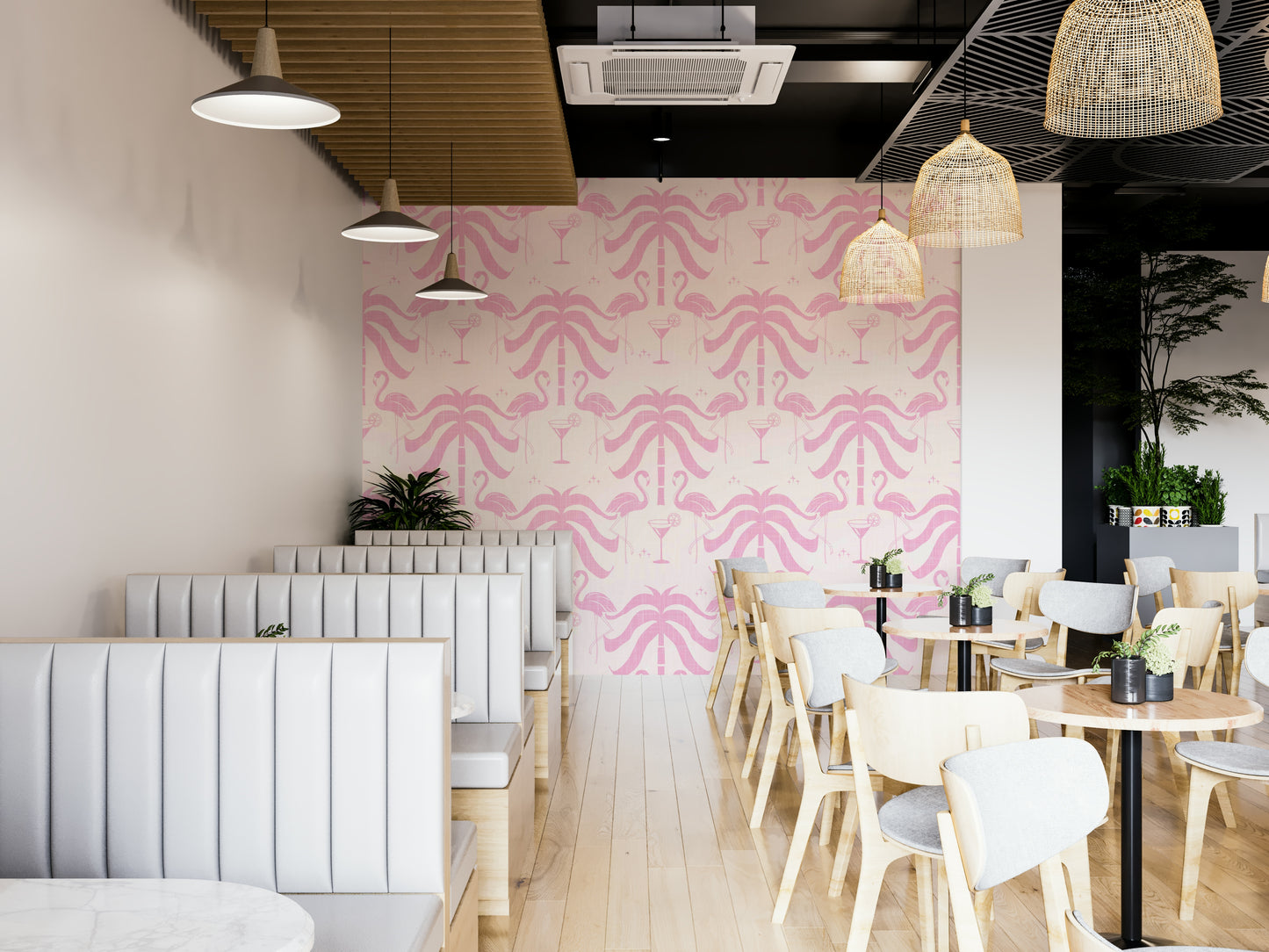 The image shows a peaceful, natural scene with palm trees and flamingos.

