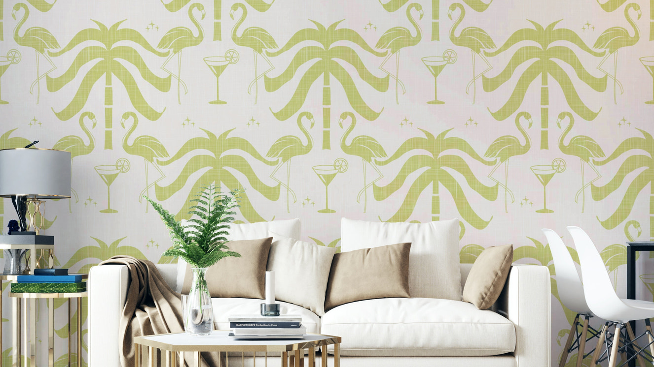 A wall mural of a tropical palm and flamingo pattern.

