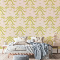 The palm trees and flamingos are a central focus of the image.

