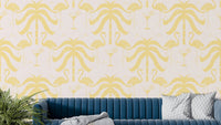 A wall mural of a tropical palm and flamingo pattern.

