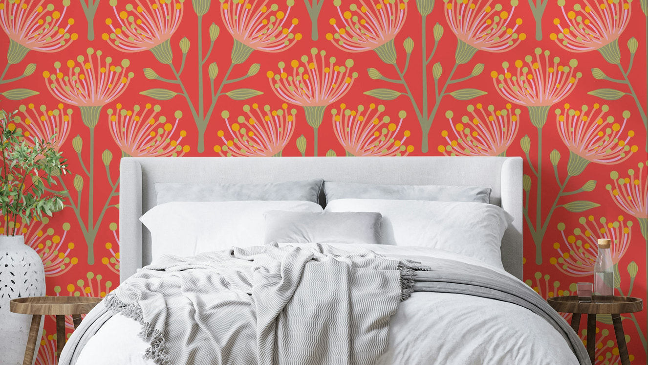 The image shows a peaceful, natural scene with a eucalyptus and floral pattern.

