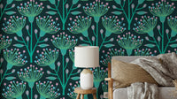 The image shows a peaceful, natural scene with a eucalyptus and floral pattern.

