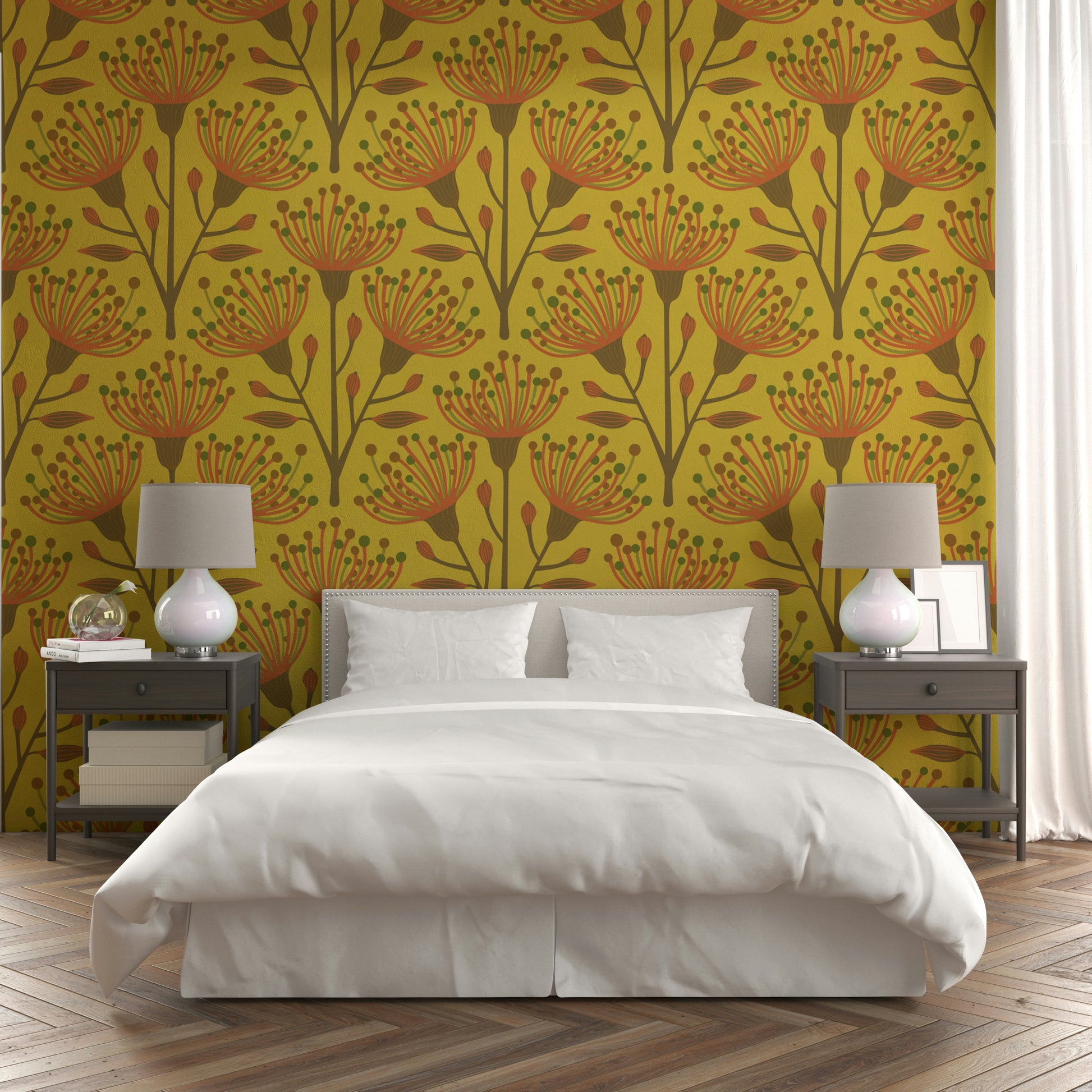 The image shows a peaceful, natural scene with a eucalyptus and floral pattern.

