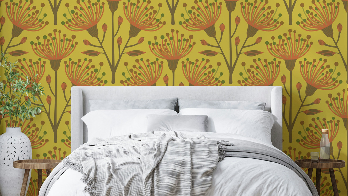 A wall mural of a floral botanical pattern.

