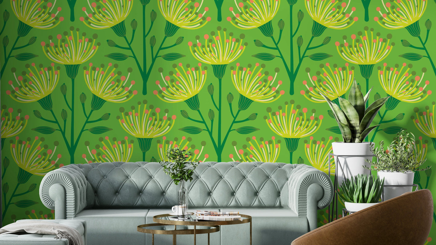 The image shows a peaceful, natural scene with a eucalyptus and floral pattern.

