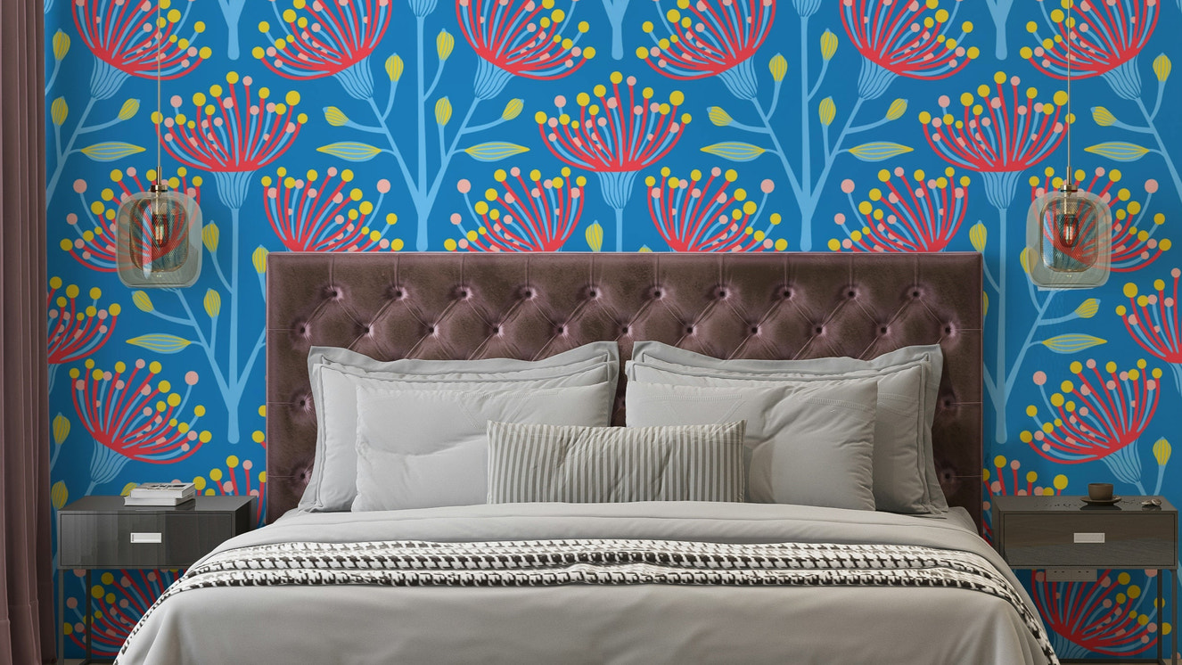 Eucalyptus Floral Botanical Icy Blue Red Yellow Pink on Bright Blue Wallpaper⁠