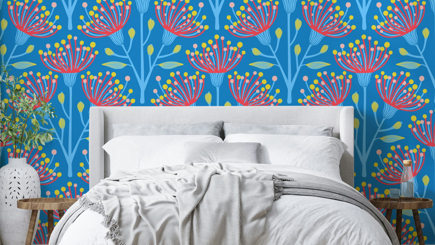 Eucalyptus Floral Botanical Icy Blue Red Yellow Pink on Bright Blue Wallpaper⁠