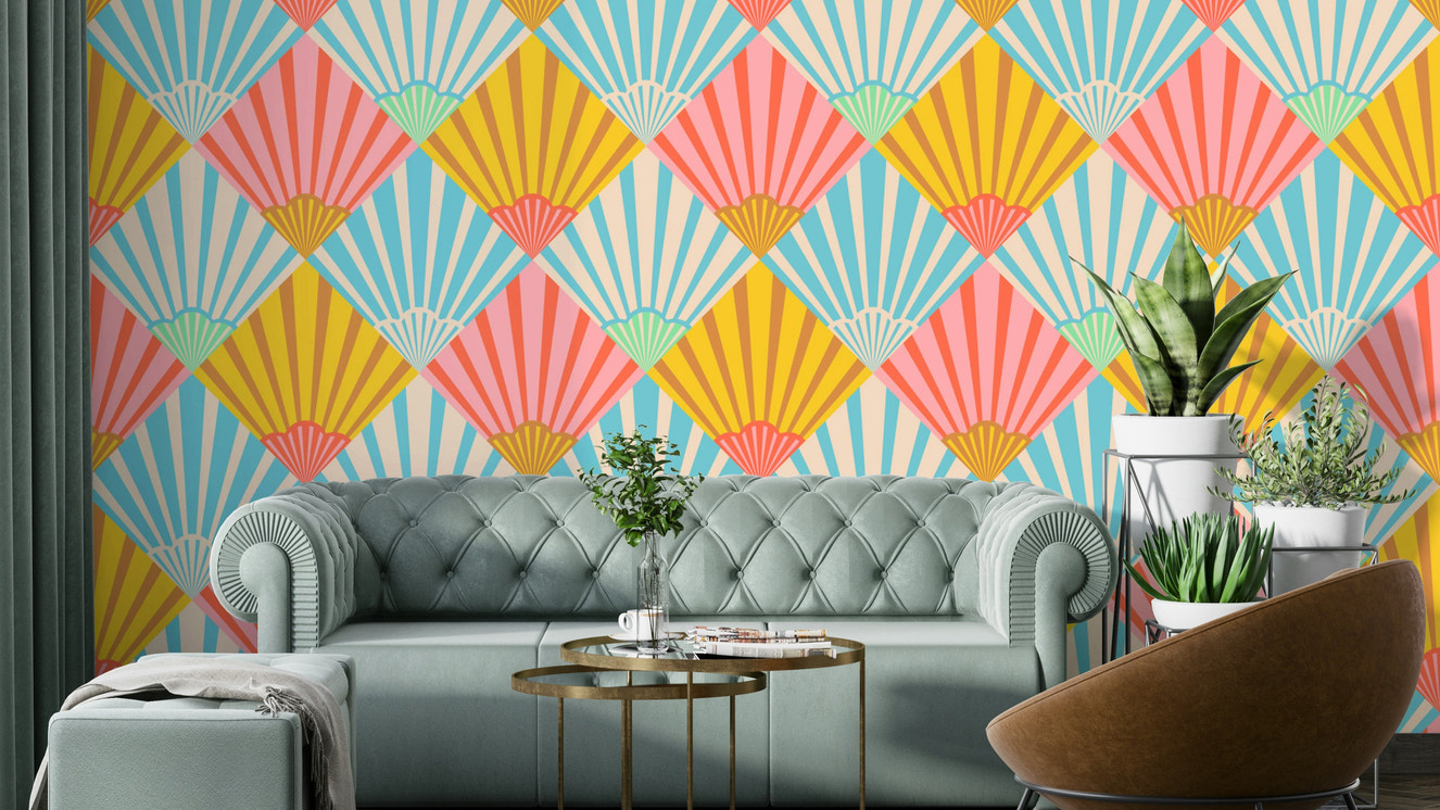 A wall mural of an abstract, geometric pattern.

