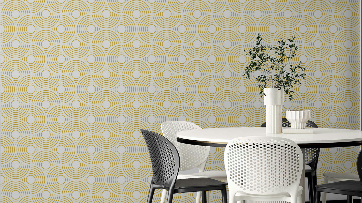 The image shows a peaceful, vintage-style pattern with scalloped shapes.

