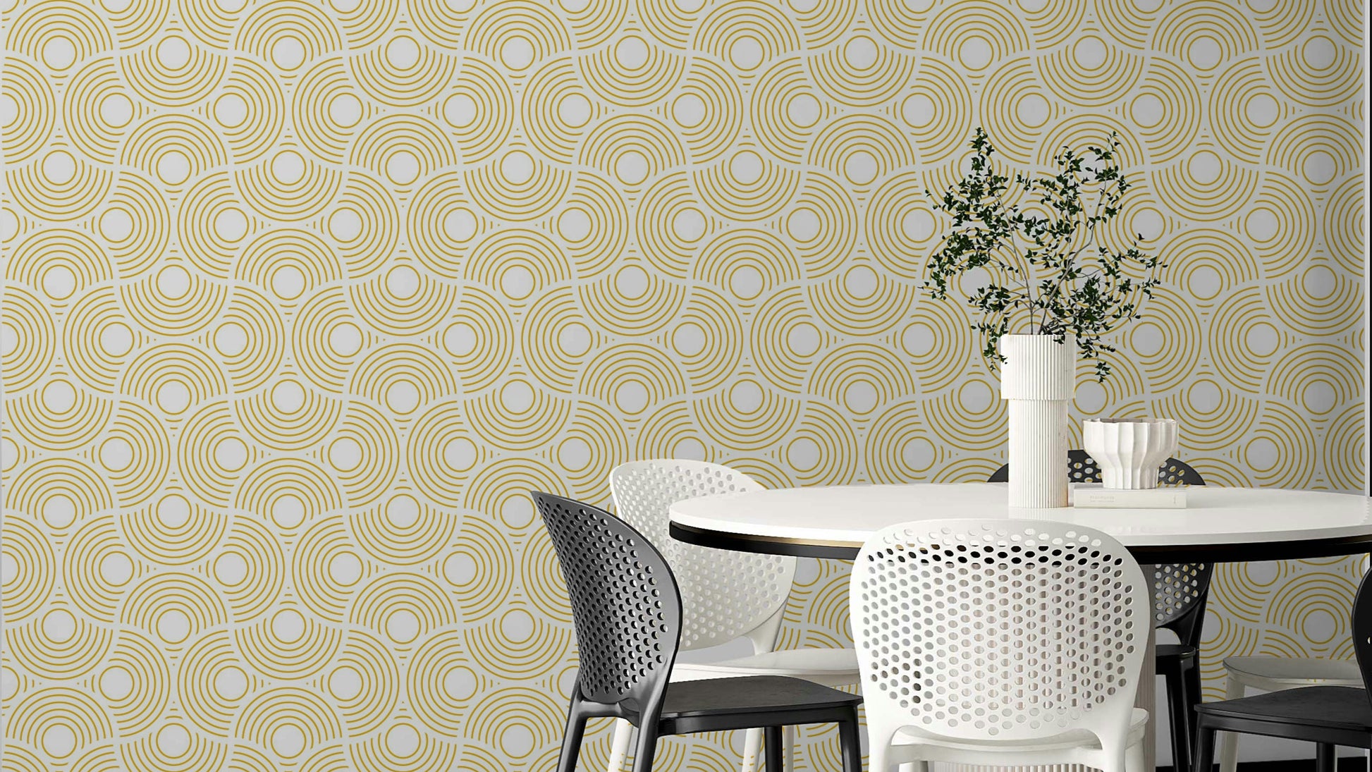 The image shows a peaceful, vintage-style pattern with scalloped shapes.

