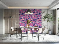 The colors are soft, muted tones of fuchsia pink, lavender, and royal blue.

