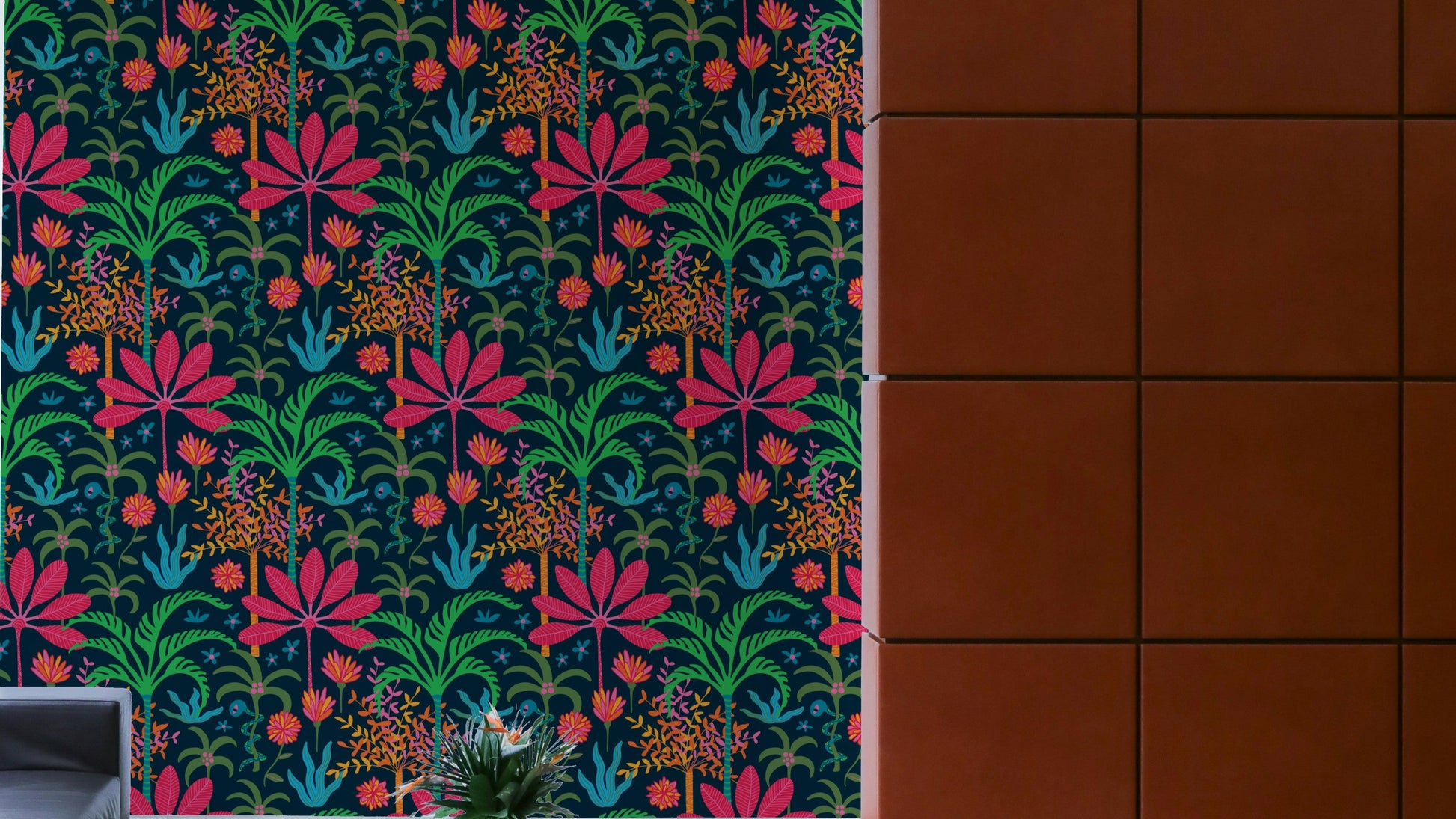 The floral and plant elements are a central focus of the image.

