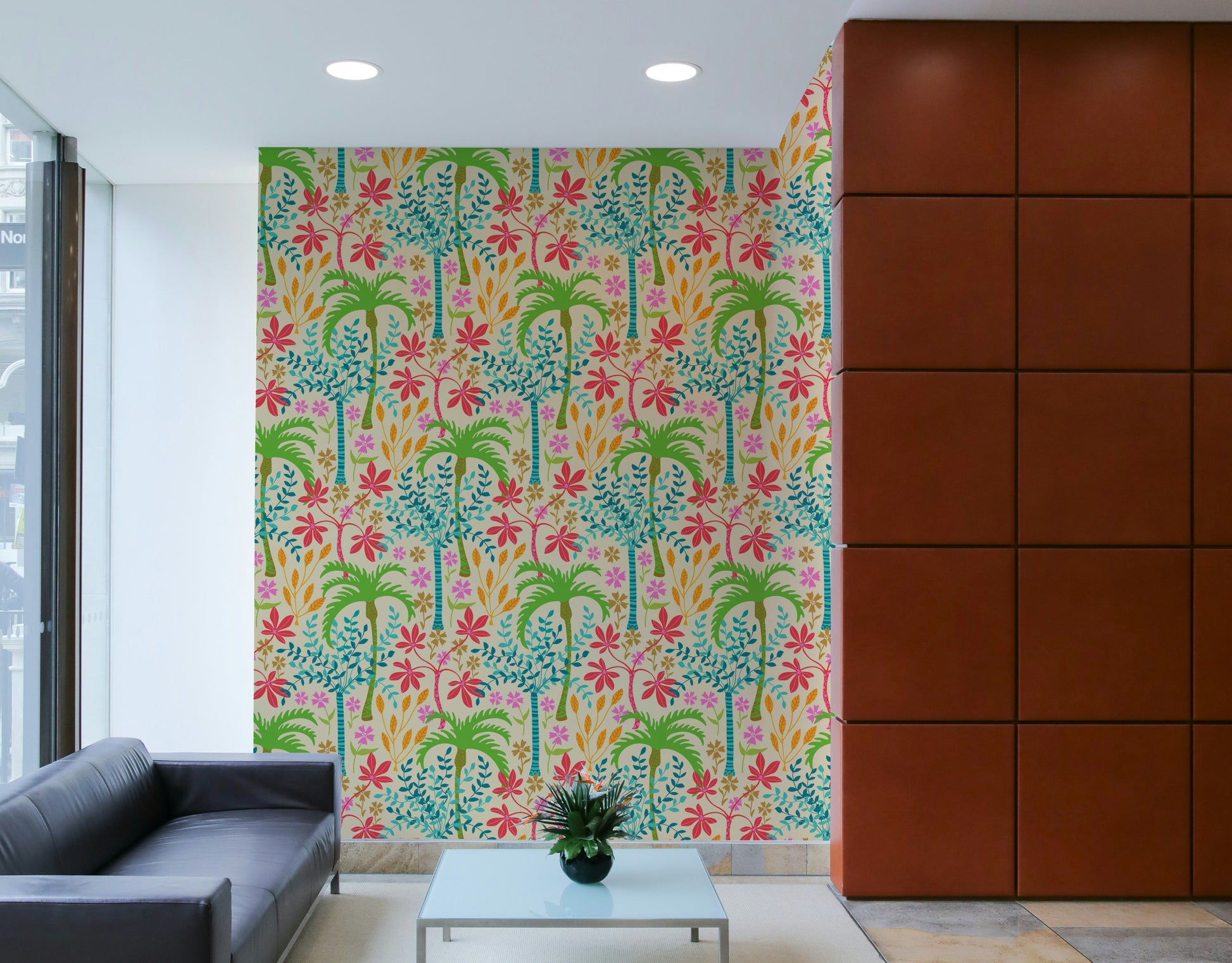 A wall mural of a peaceful floral and plant pattern.

