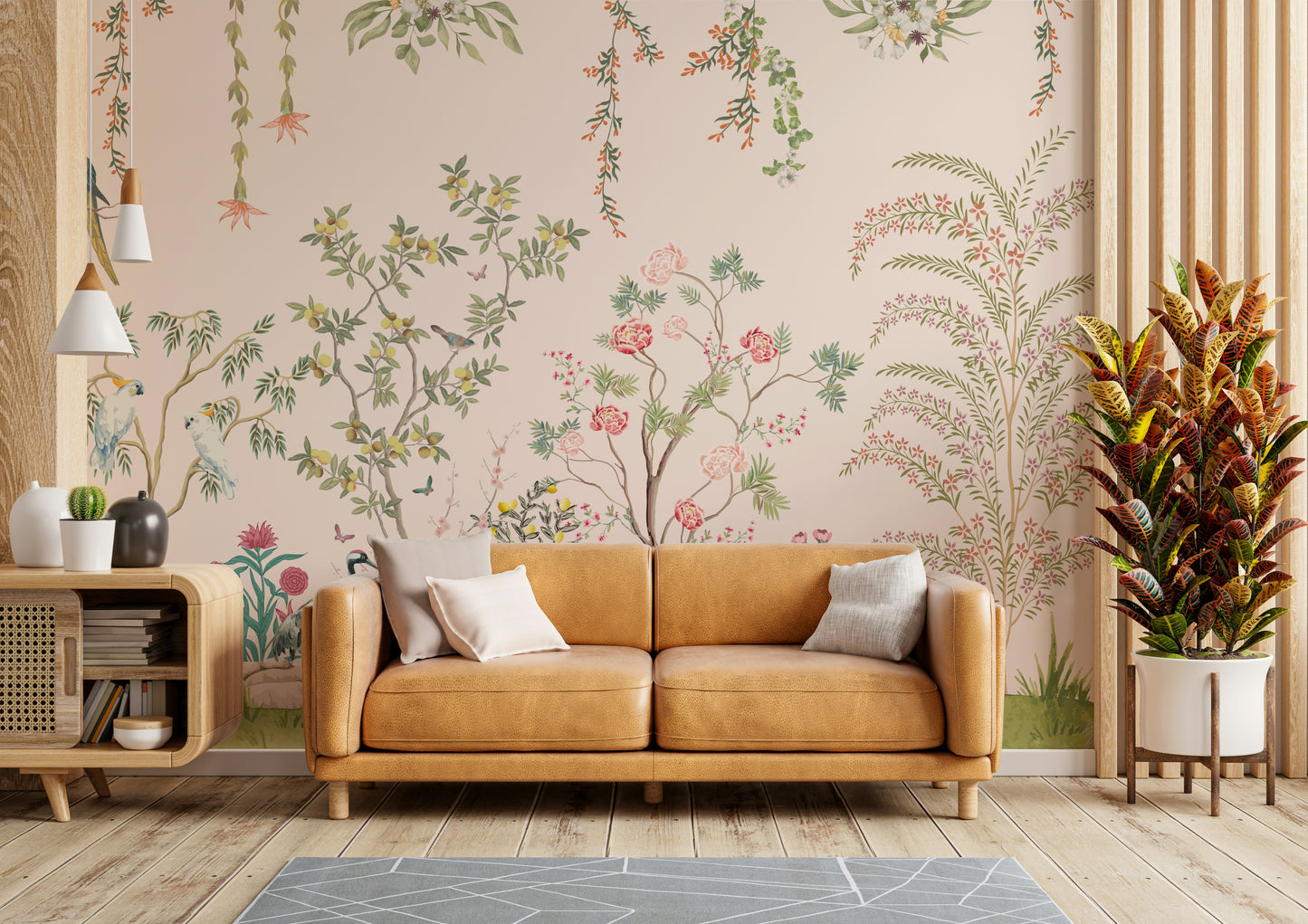 The colors are soft, muted tones of blue, green, pink, and gold.

