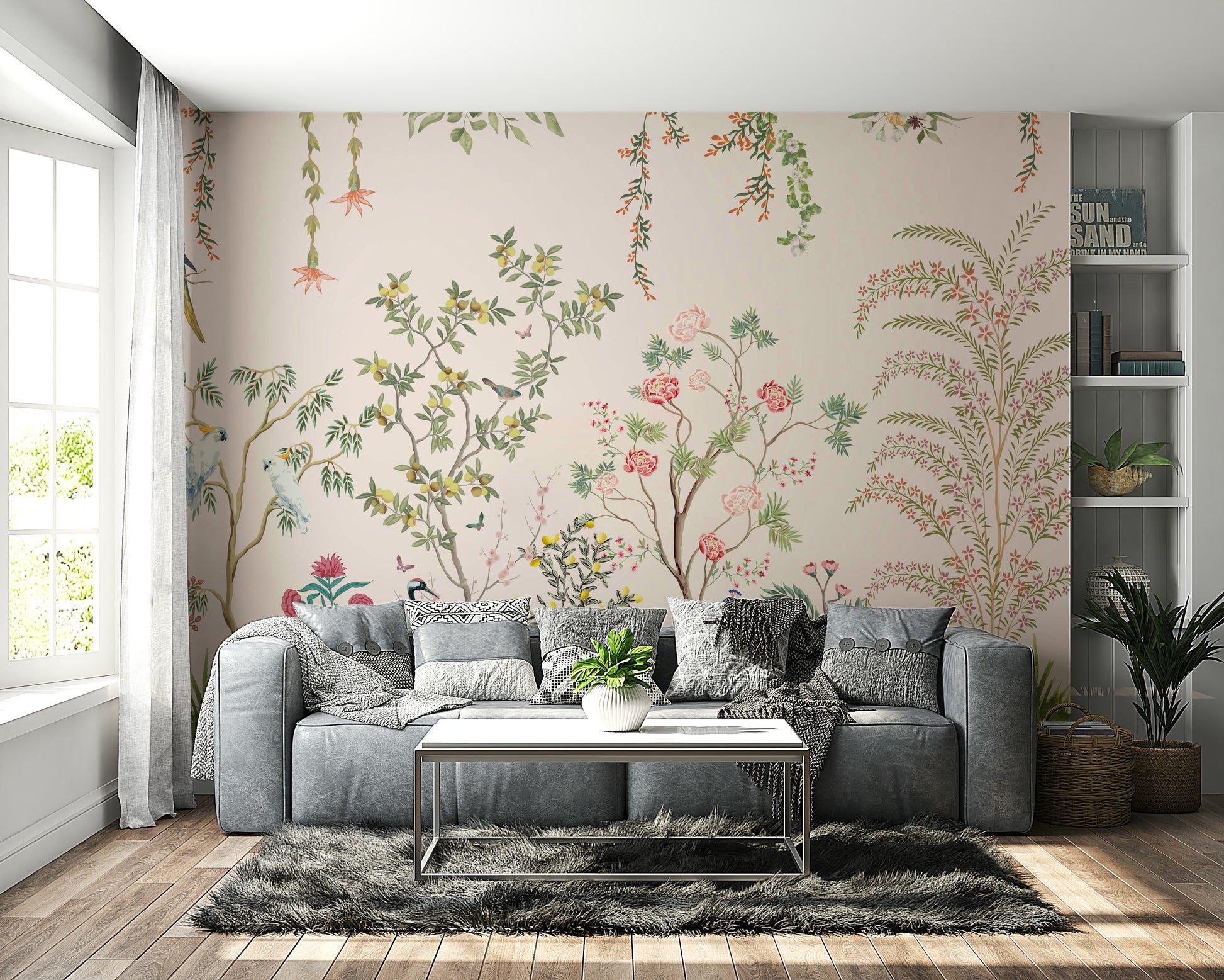 A wall mural of a peaceful Chinoiserie floral and bird pattern.

