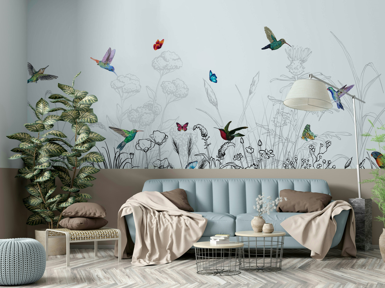 A wall mural of a peaceful hummingbird and foliage pattern.

