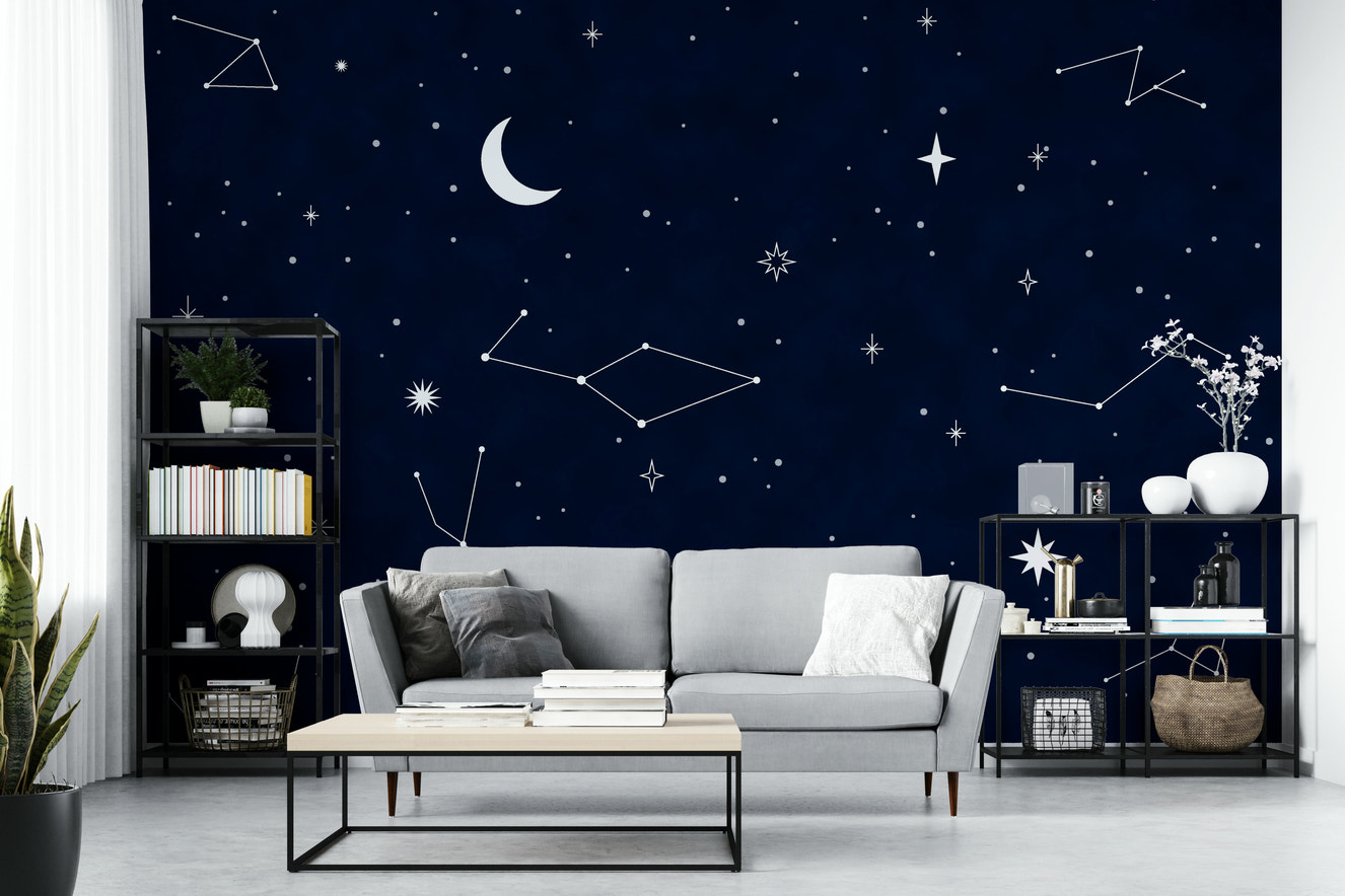 A wall mural of a peaceful celestial pattern.

