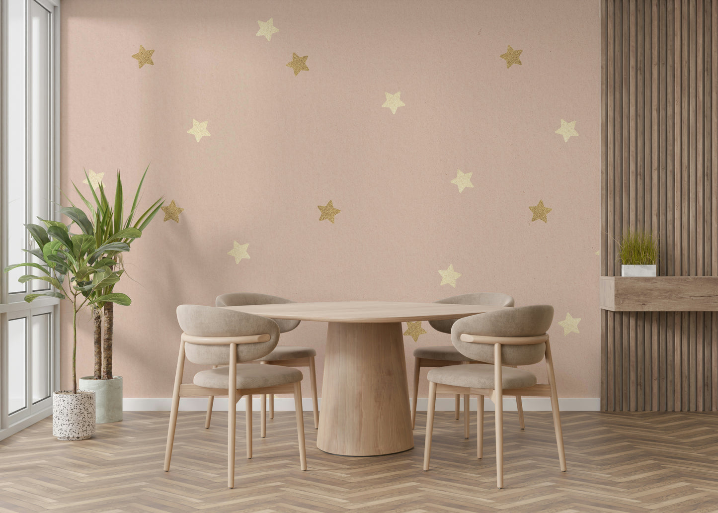 A wall mural of a peaceful starry night sky.

