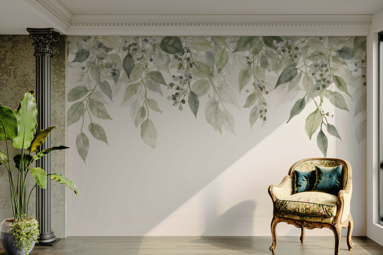 A wall mural of a peaceful botanical pattern.

