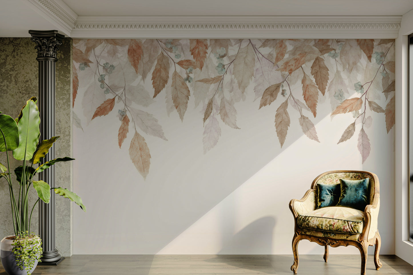 The colors are soft, muted tones of green and brown.

