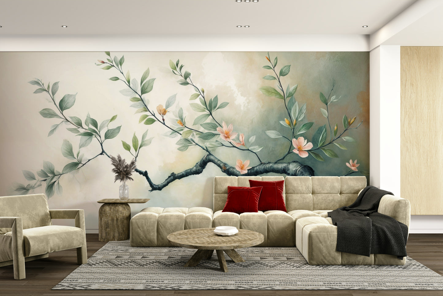 The blooming branch is a central focus of the image.

