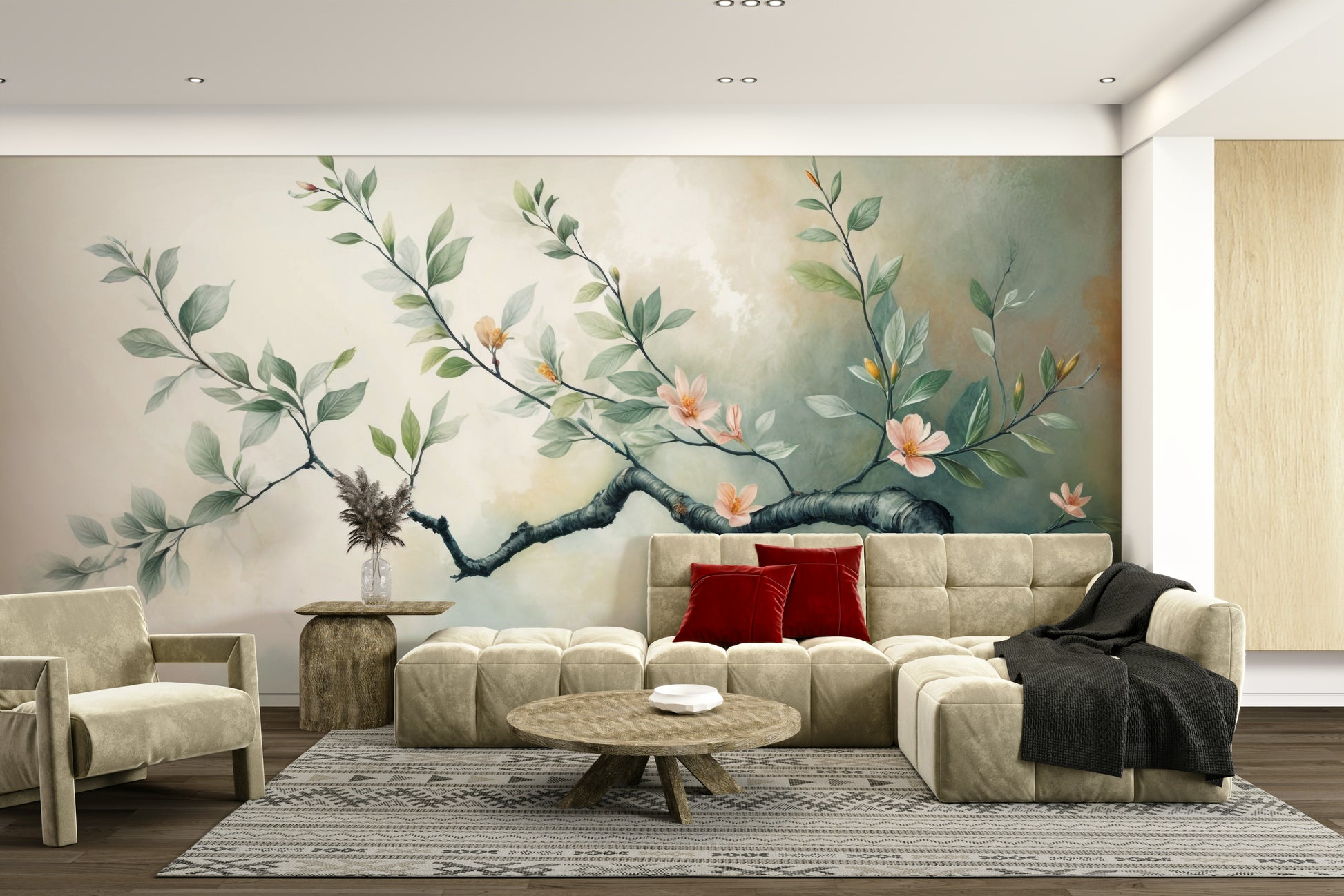 The blooming branch is a central focus of the image.

