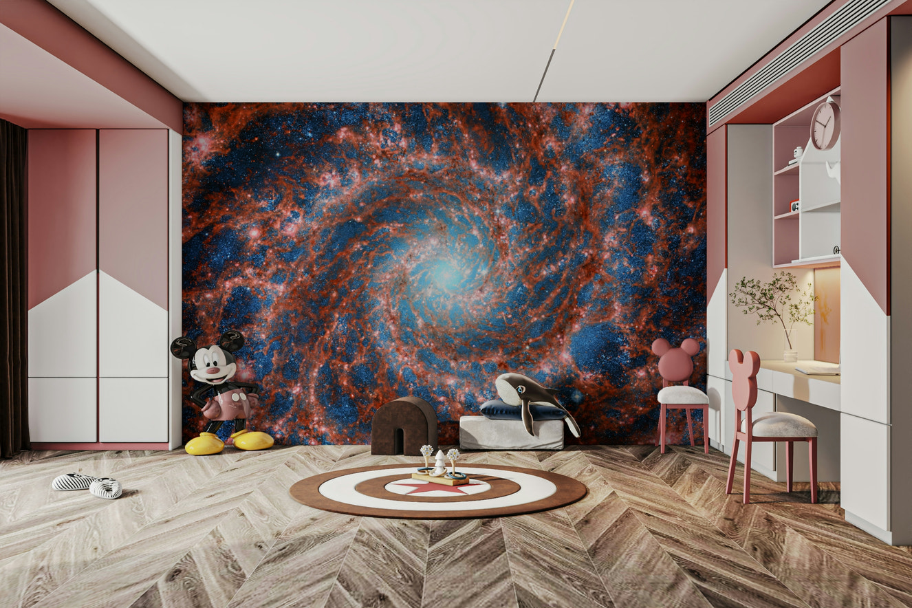 A wall mural of a peaceful celestial pattern.

