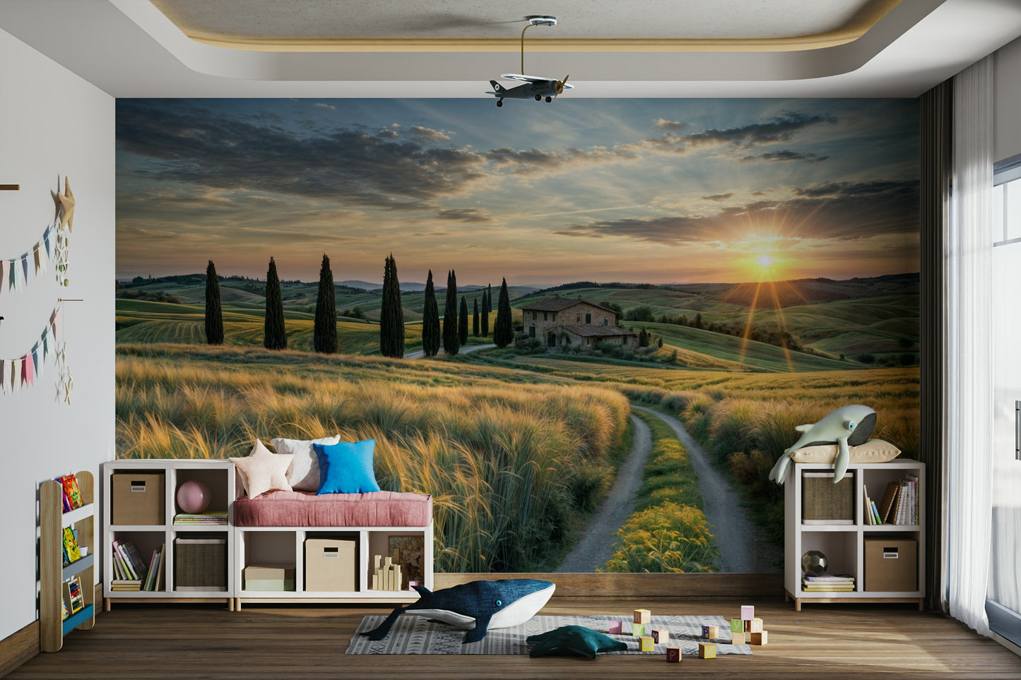 Long shadows are cast across the fields by the setting sun.
