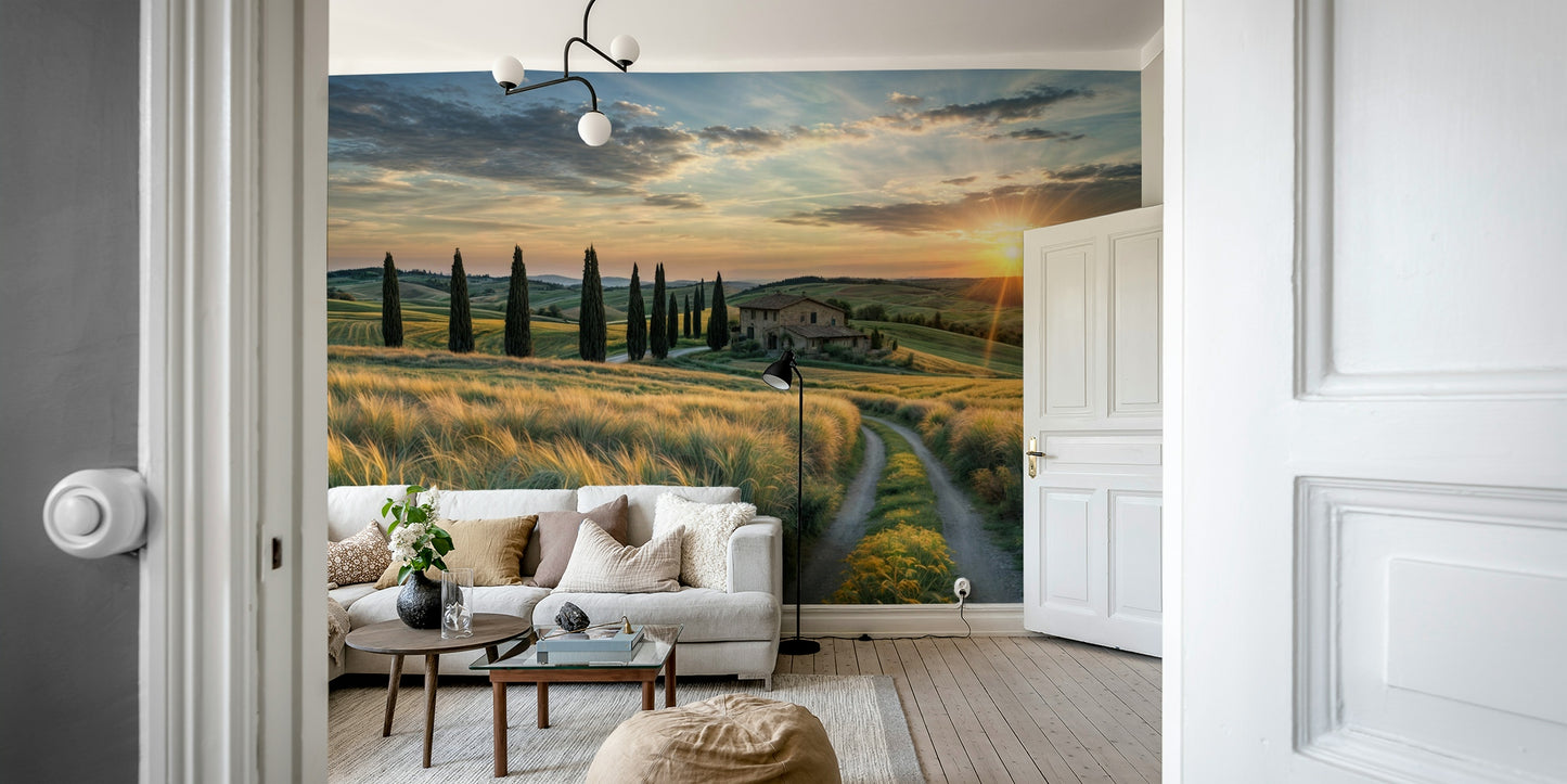 A classic stone farmhouse is visible in the distance.
