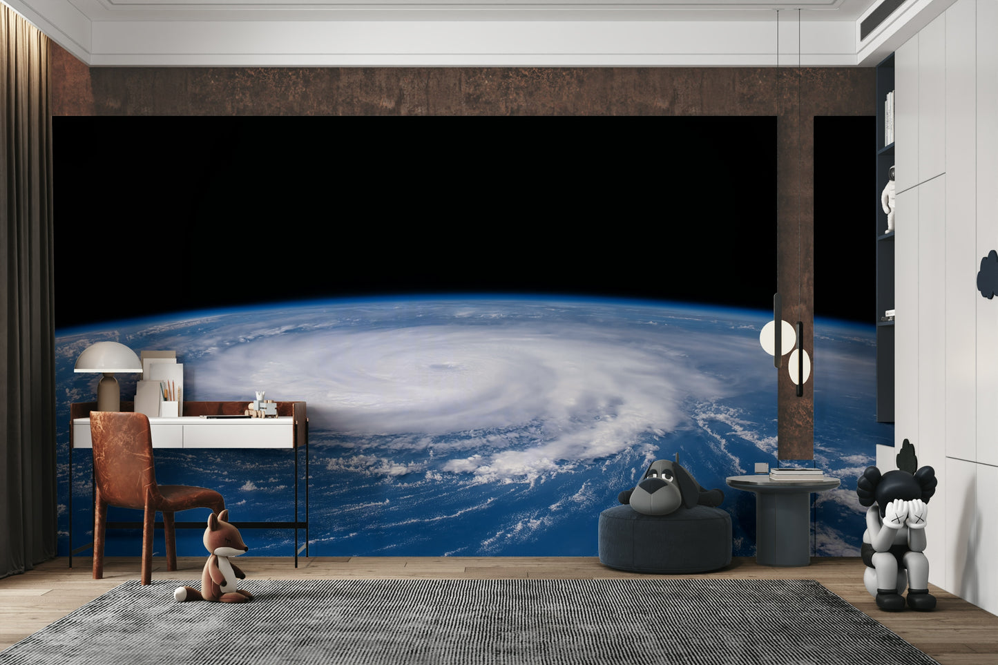 The mural gives the illusion of a window looking out onto a powerful weather event.
