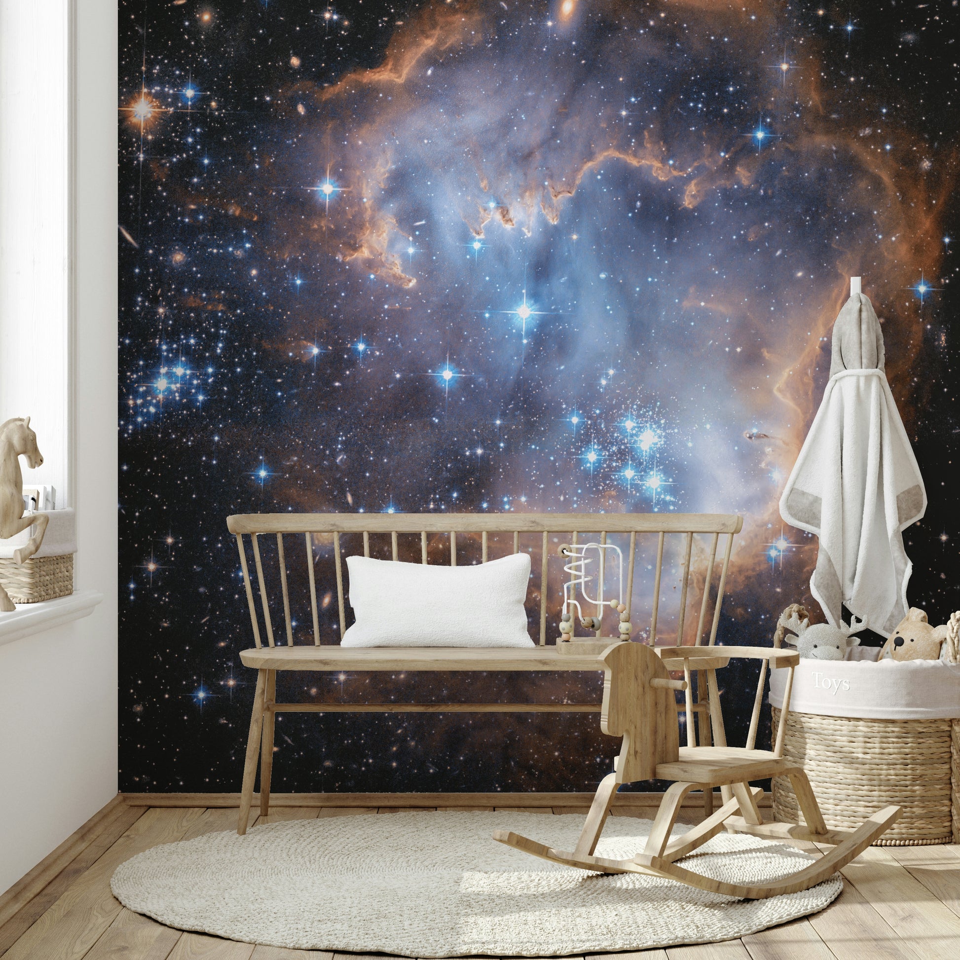 The lighting in the room would be low to make the mural glow.
