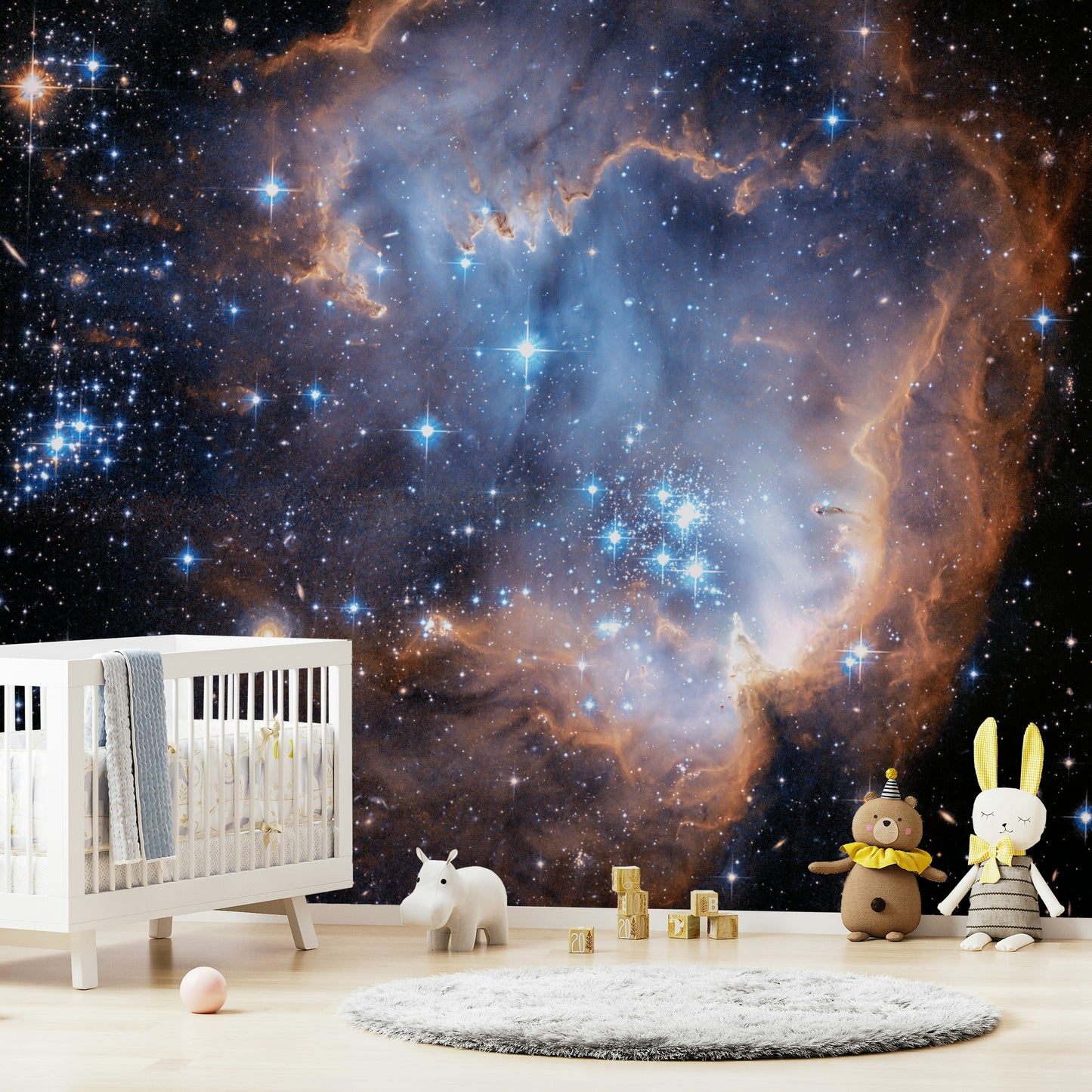 A wall mural depicting a breathtaking cosmic nebula.
