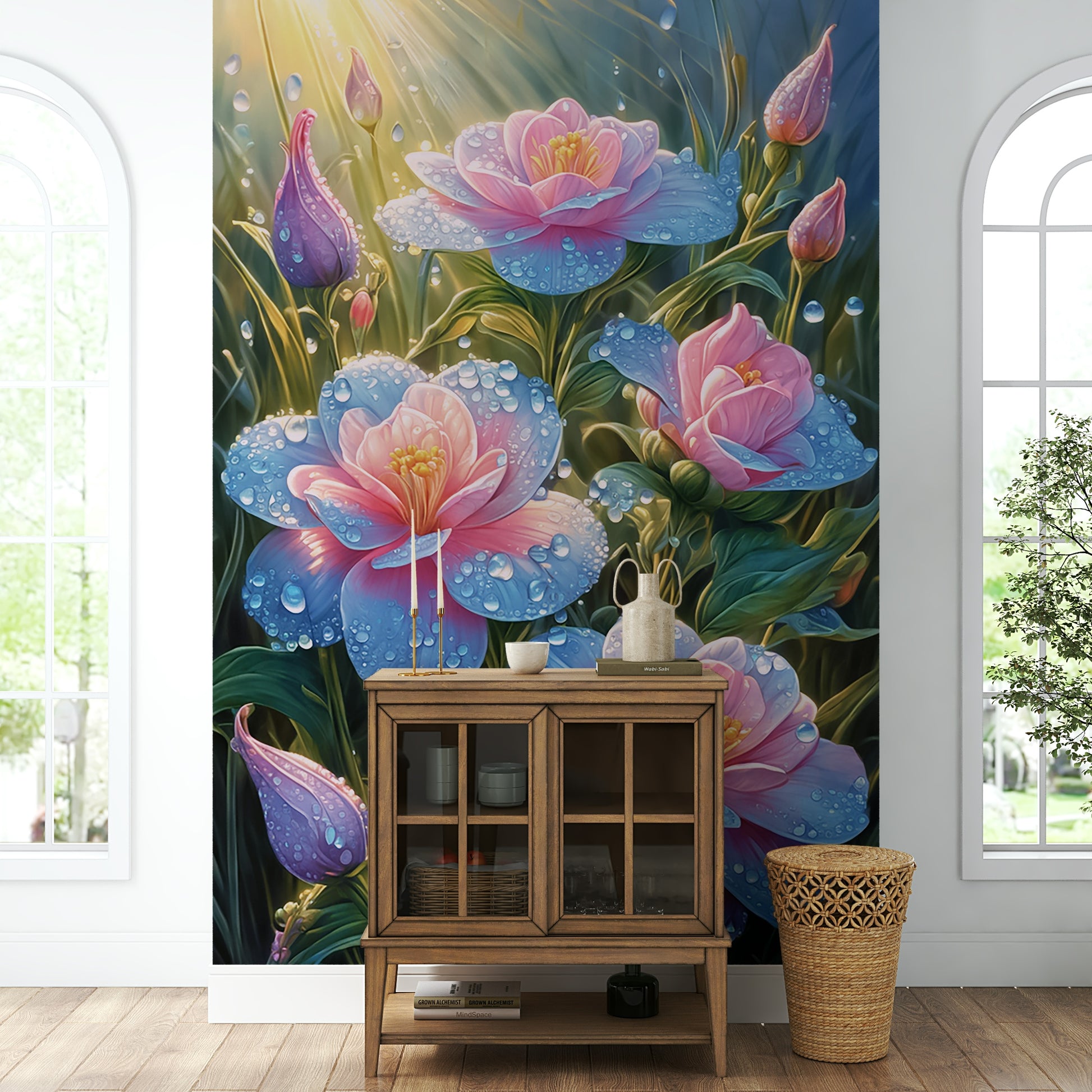 A close-up wall mural of delicate flower petals.
