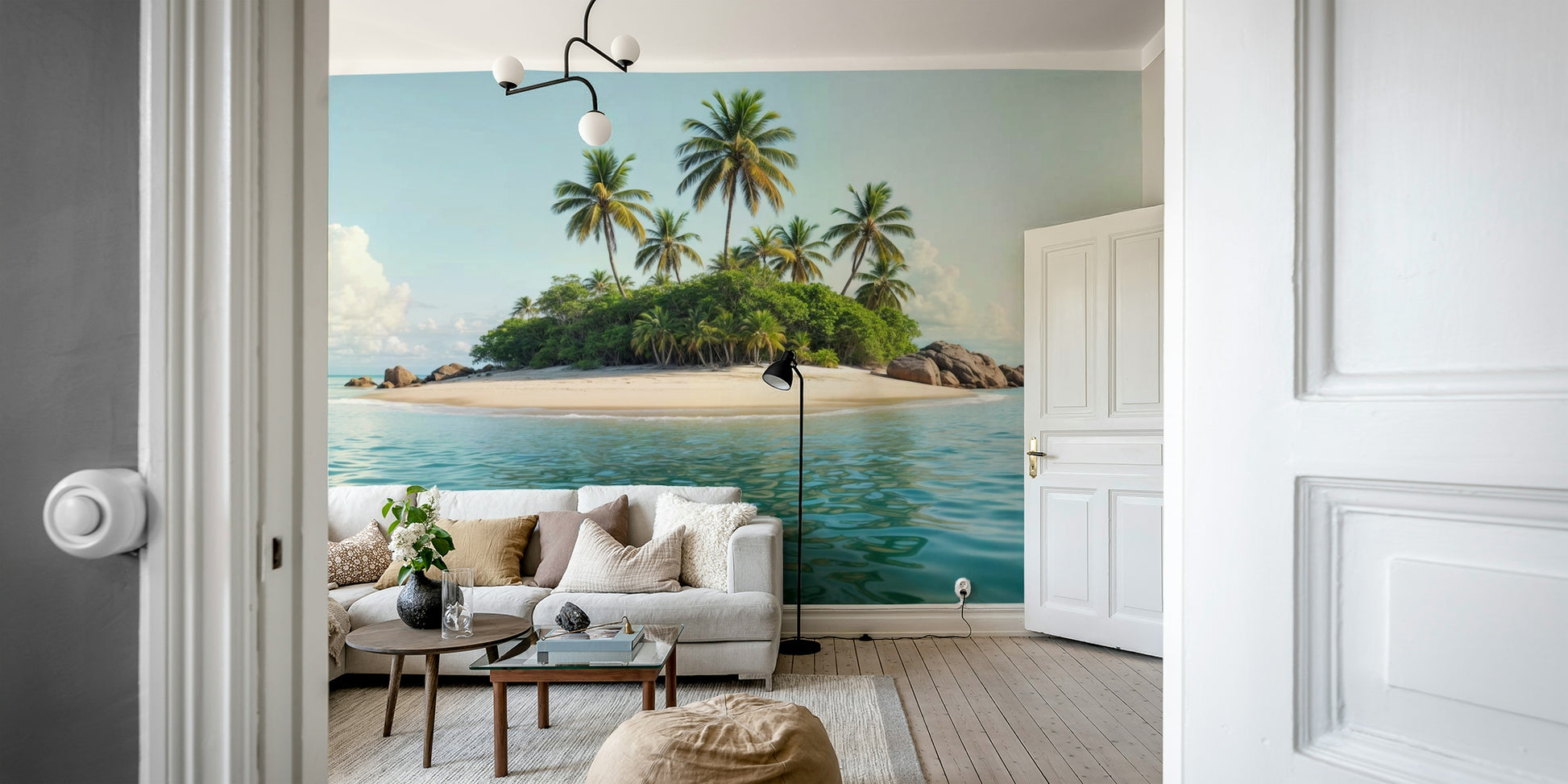 Calm, turquoise water laps gently against a sandy beach.
