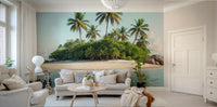 A wall mural depicting a serene, tropical island scene.
