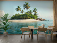 The mural gives the illusion of a window looking out onto a beautiful beach.
