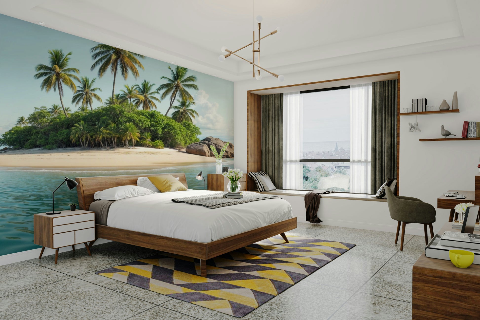 Lush palm trees are visible along the shoreline.
