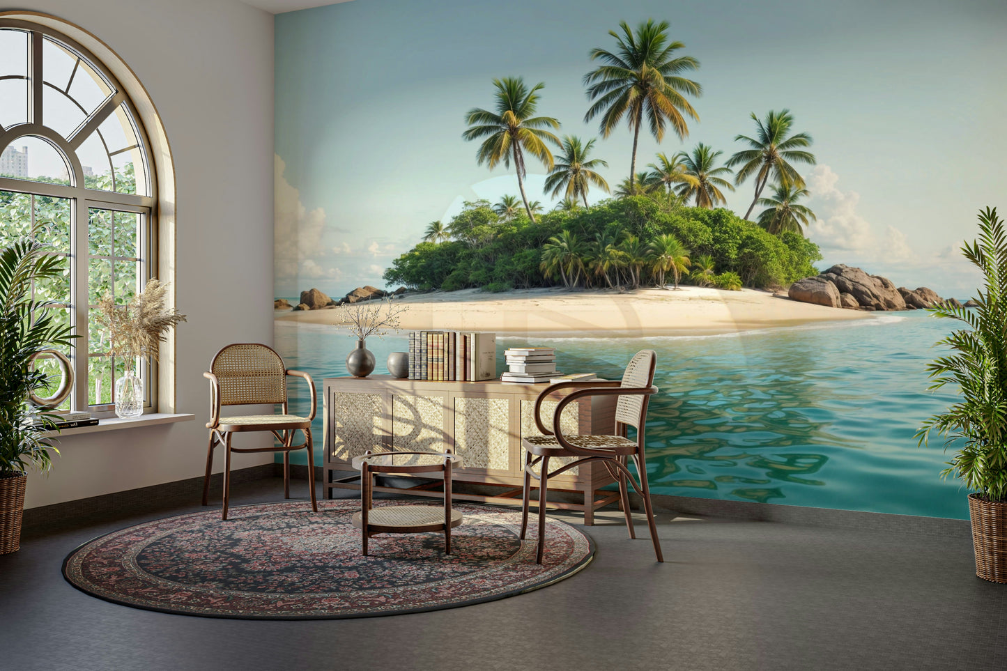 In the distance, a small, uninhabited island is visible.
