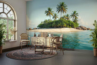 In the distance, a small, uninhabited island is visible.
