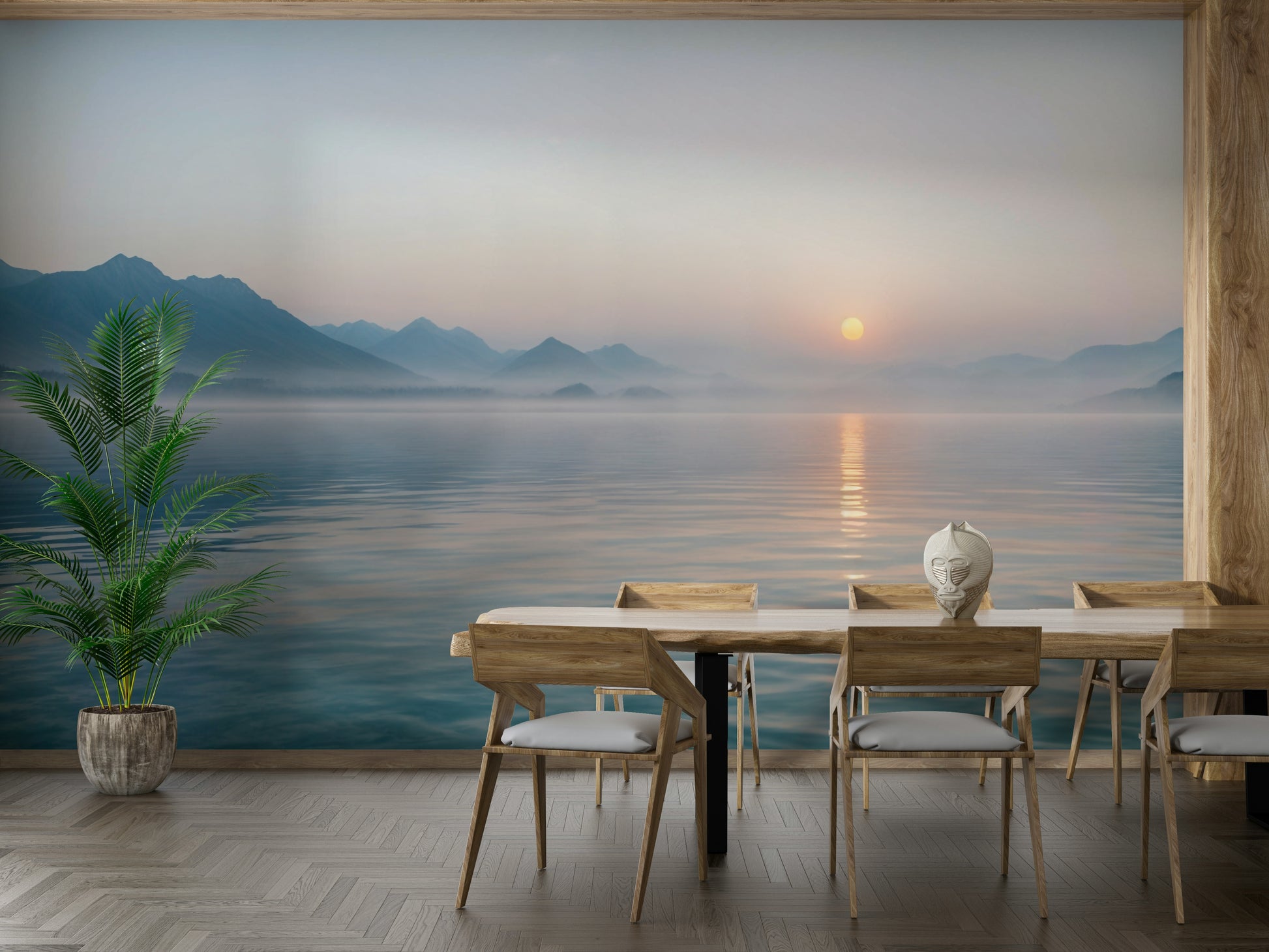 The lighting in the room is soft, complementing the mural's mood.
