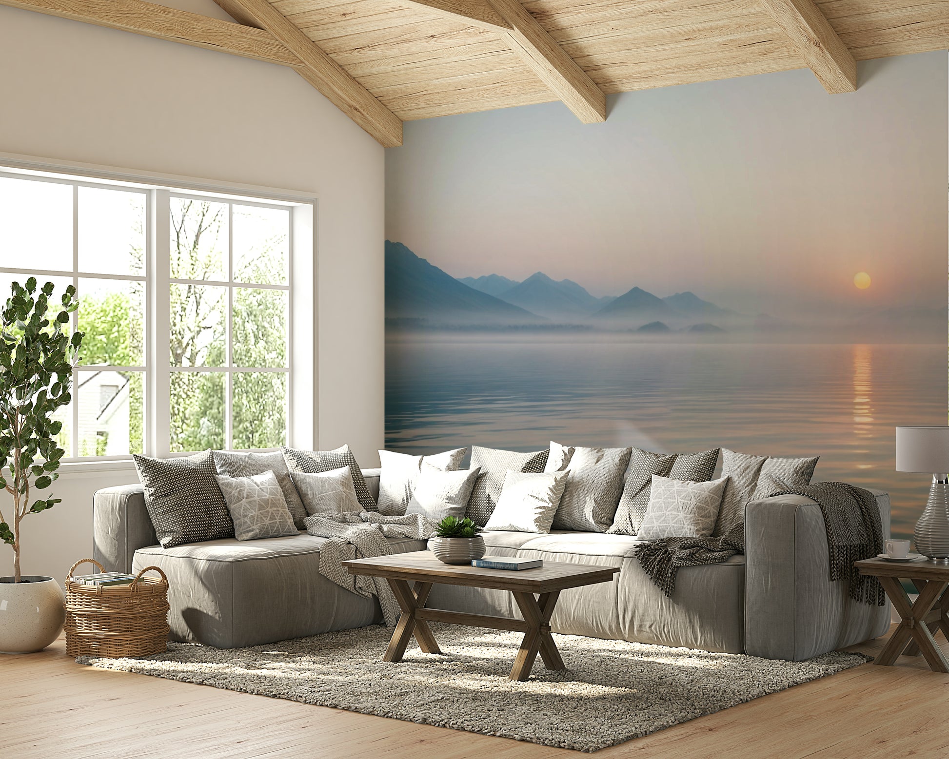 The foreground shows a peaceful field or forest half-hidden in the mist.
