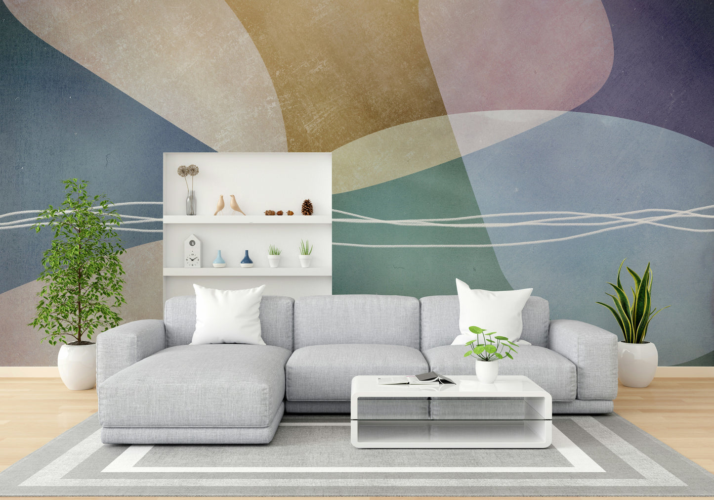 The shapes overlap and layer, creating a sense of depth.
