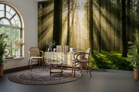 The ground is covered in lush green foliage and small plants.
