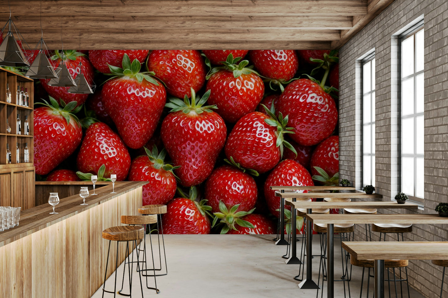 The design shows ripe red strawberries with green leaves and white flowers.
